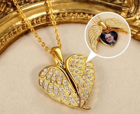 Give your loved one 14K Solid Gold Angel Wing Personalized Photo Locket Necklace